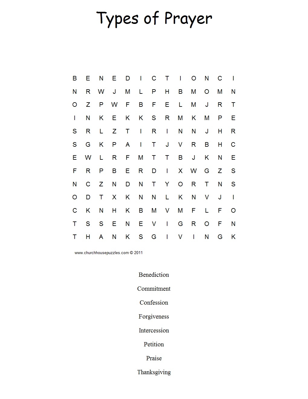 Types Of Prayer Word Search Puzzle