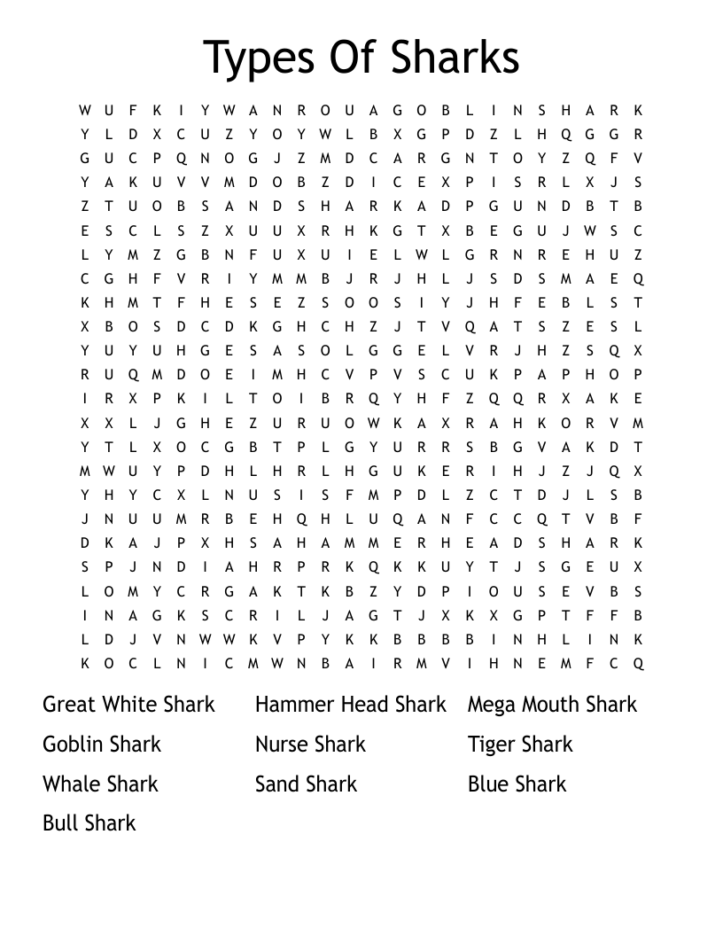 Shark Word Search Printable
