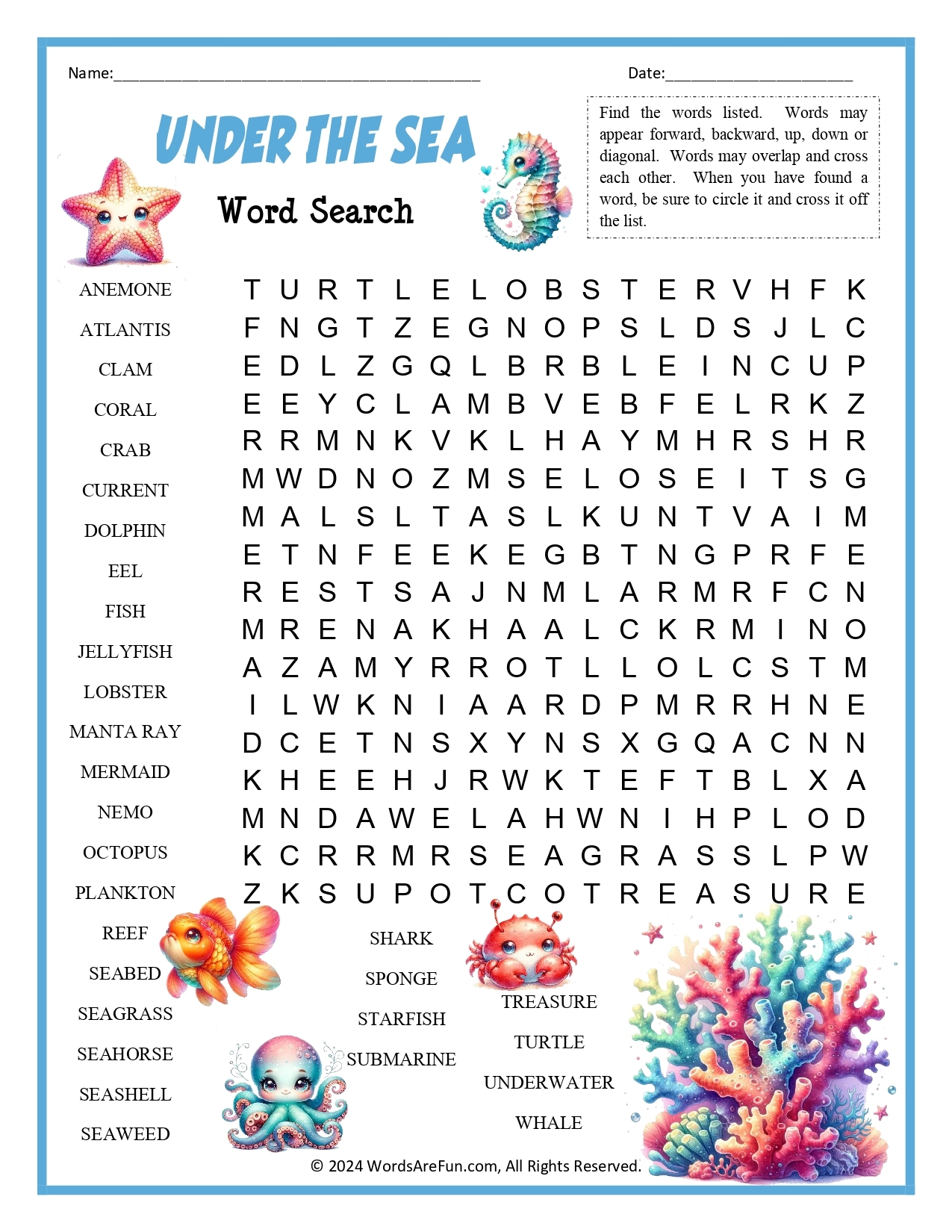 Under The Sea Word Search