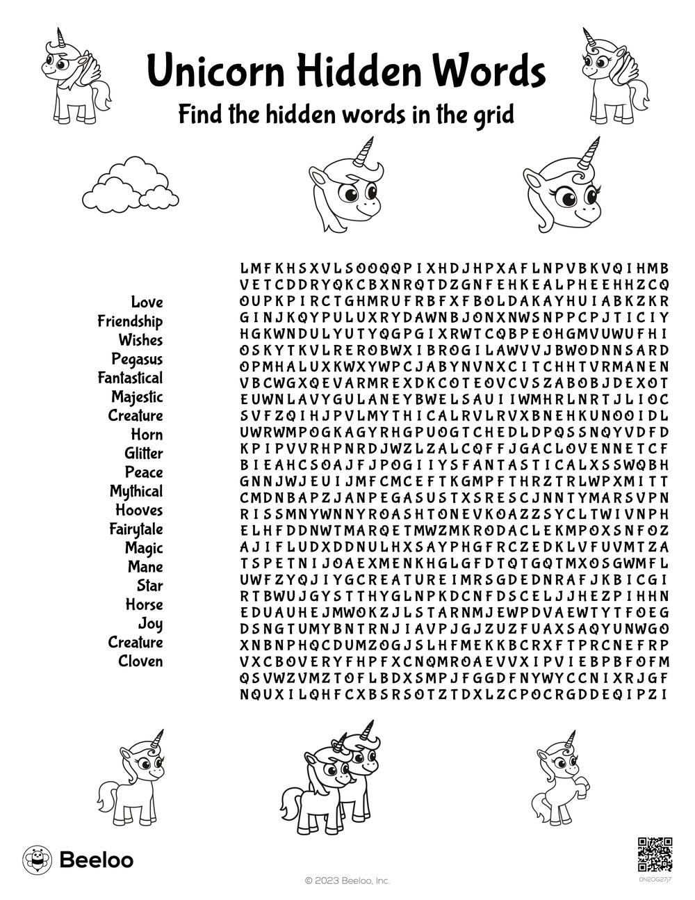 Printable Unicorn Word Search