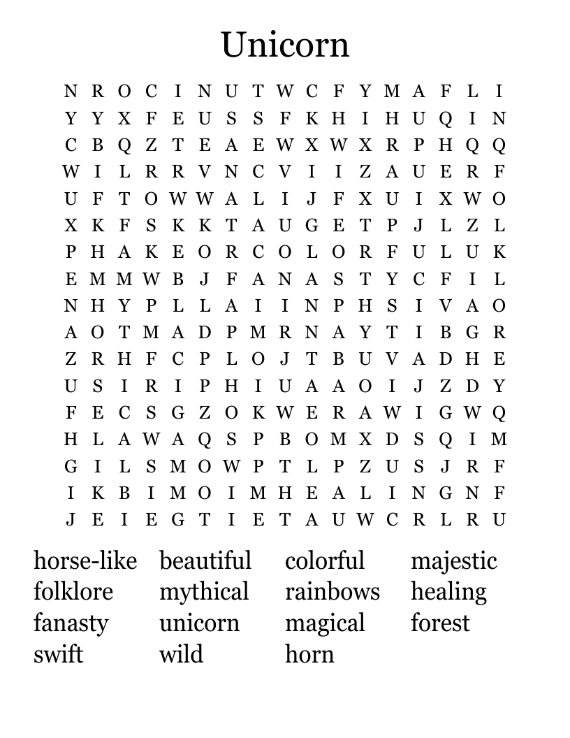 Printable Unicorn Word Search