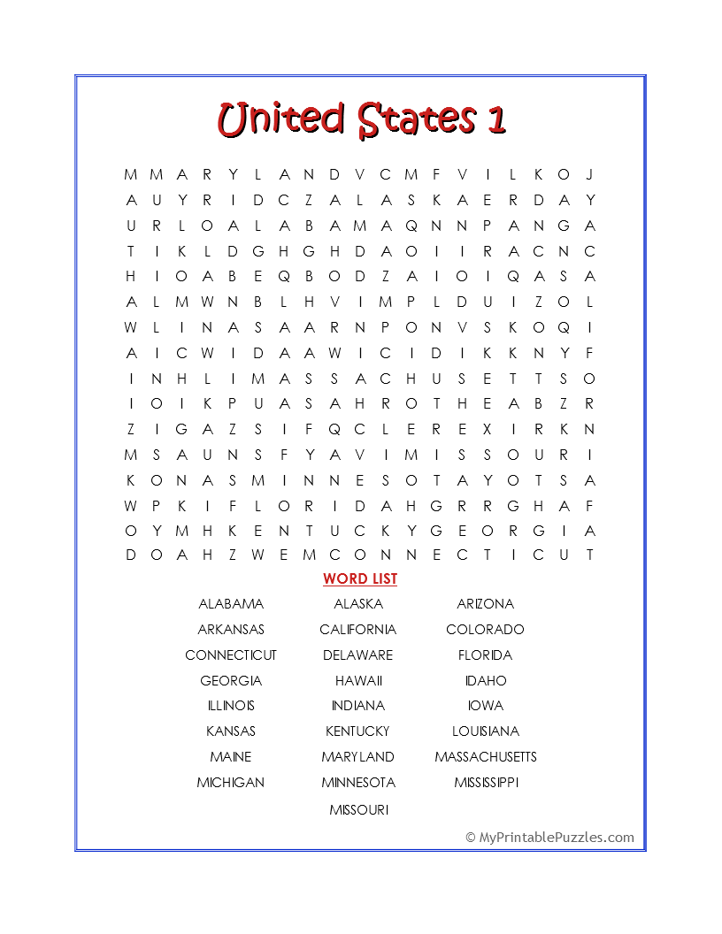 United States 1 Word Search My Printable Puzzles