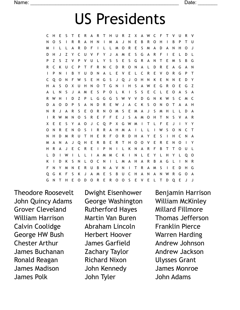 Us Presidents Word Search Printable