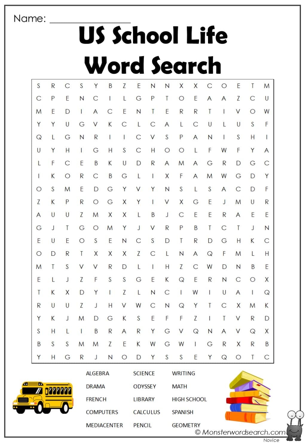 Us School Life Word Search Monster Word Search