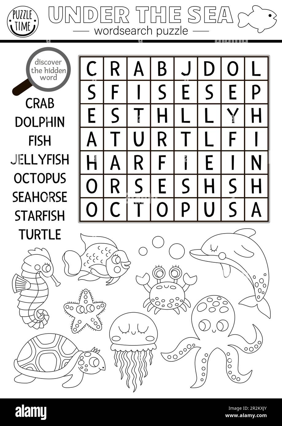 Vector Black And White Under The Sea Word Search Puzzle For Kids 