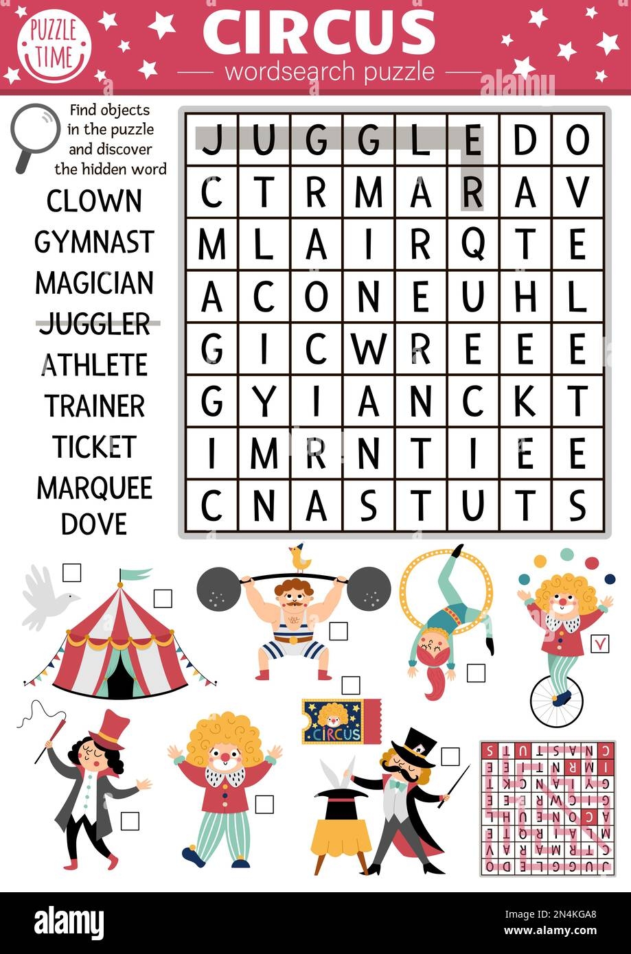 Vector Circus Wordsearch Puzzle For Kids Simple Amusement Crossword With Funny Performers For Children Activity With Clown Marquee Magician Athle Stock Vector Image U0026 Art Alamy