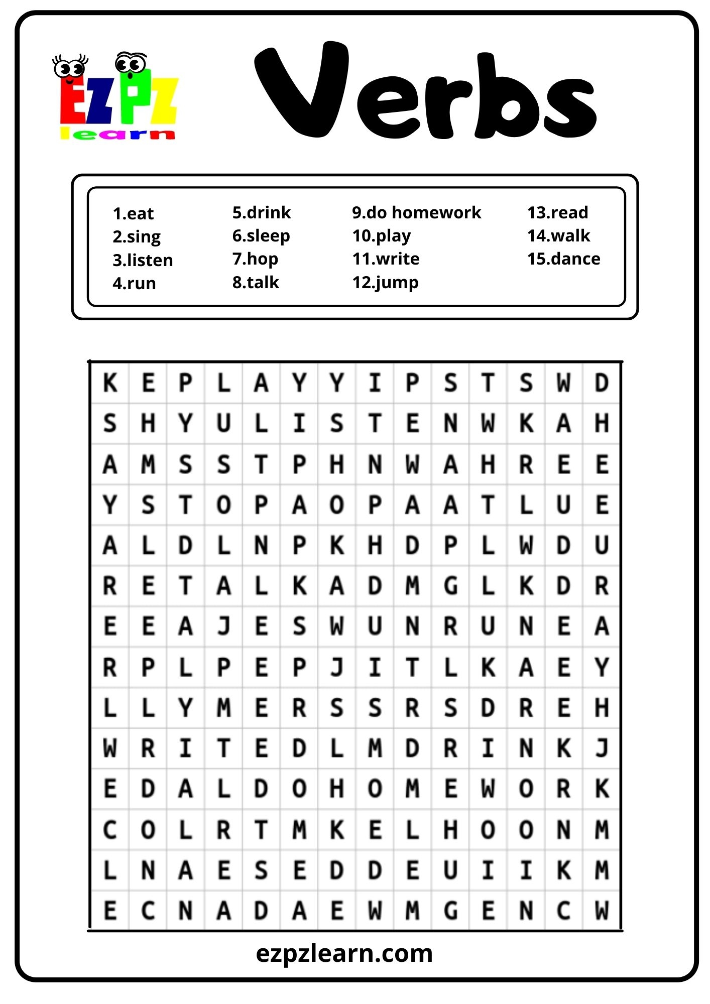 Verb Word Search Printable