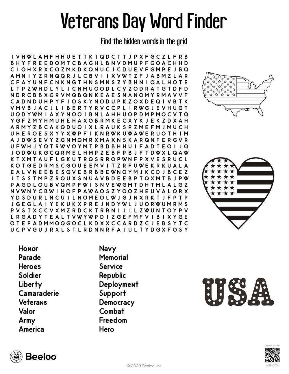 Veterans Day Printable Word Search