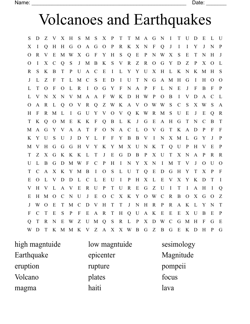 Volcanoes And Earthquakes Word Search WordMint