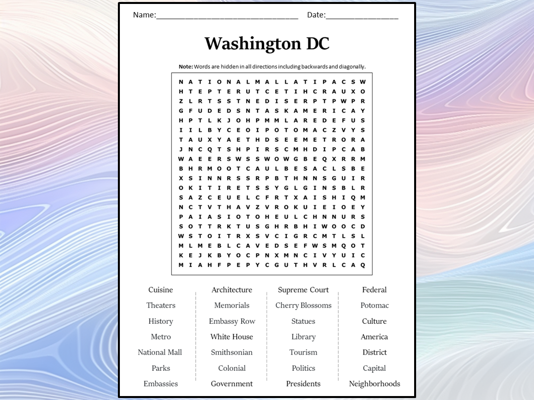Washington DC Word Search Puzzle Worksheet Activity Teaching 