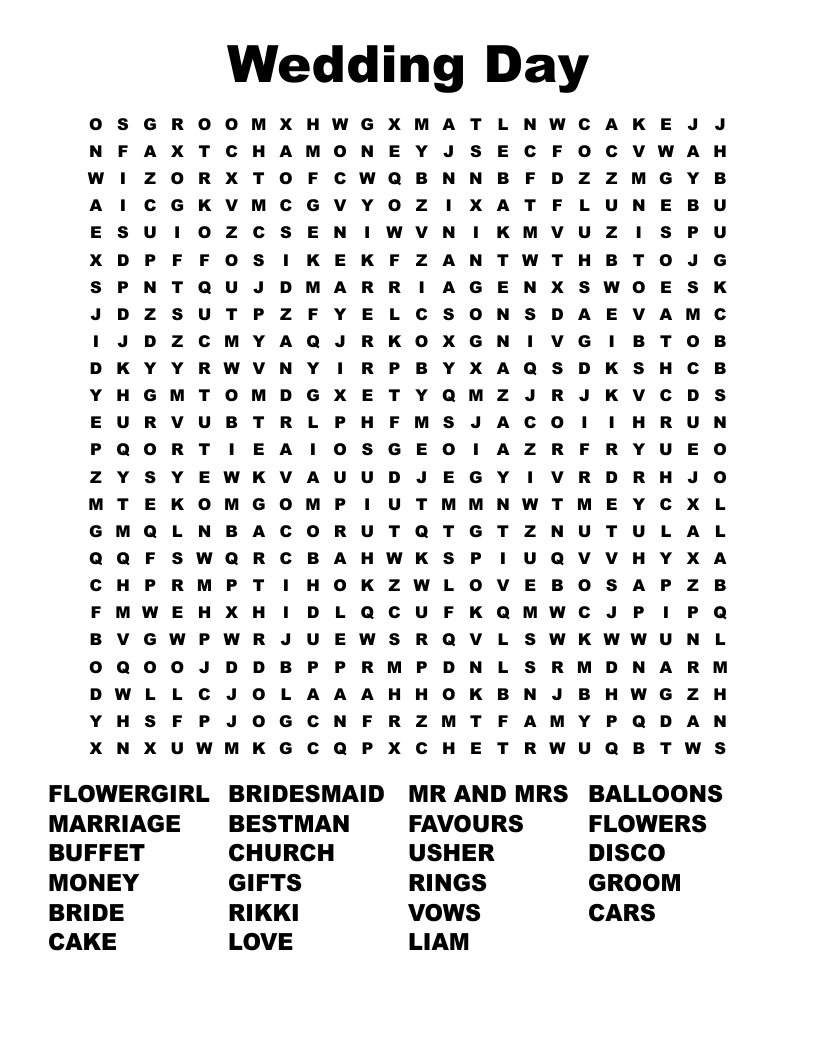 Wedding Day Word Search WordMint