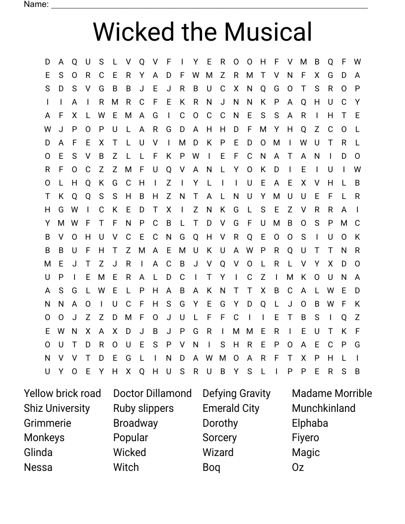 Wicked The Musical Word Search WordMint