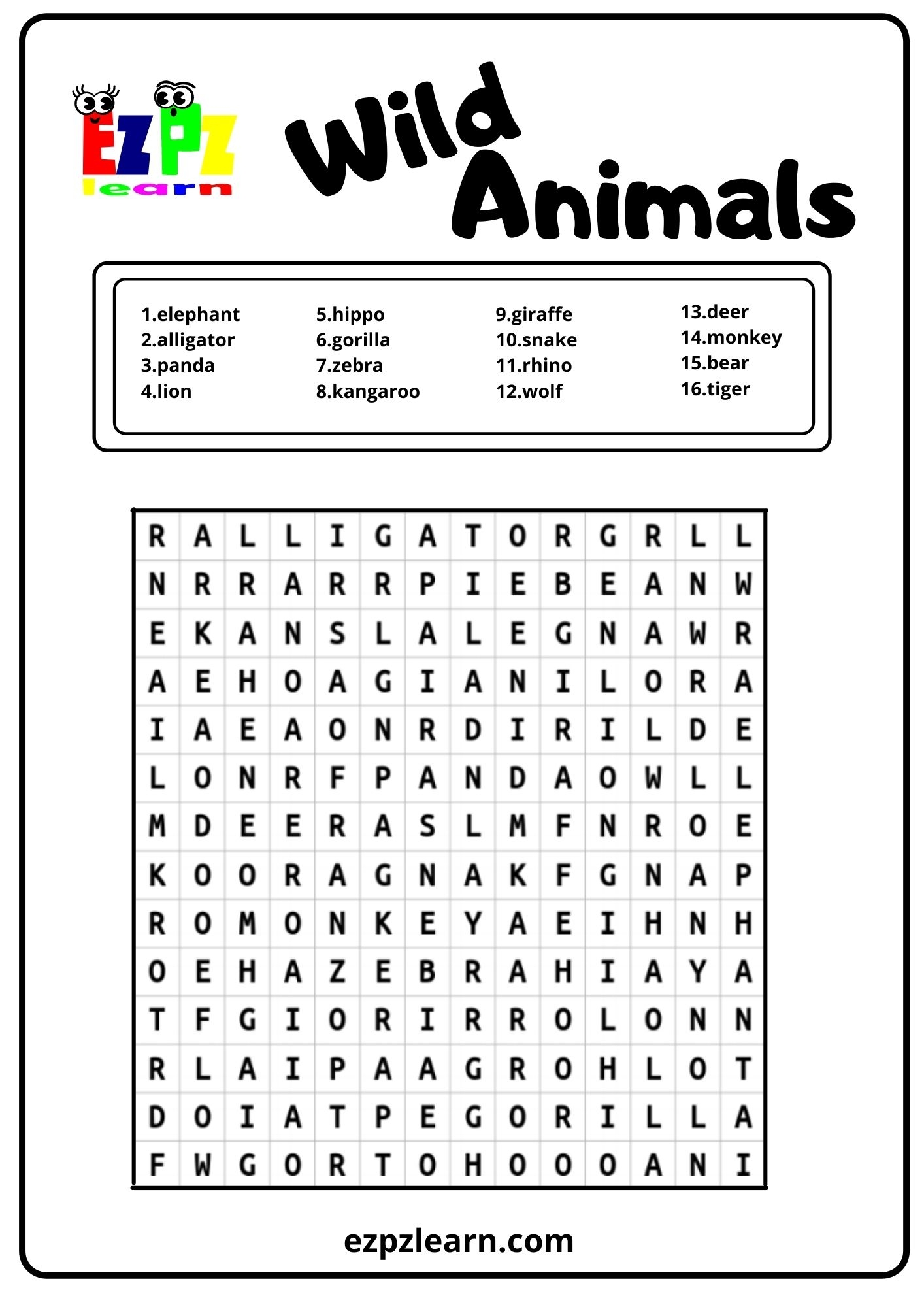 Easy Animal Word Search Printable