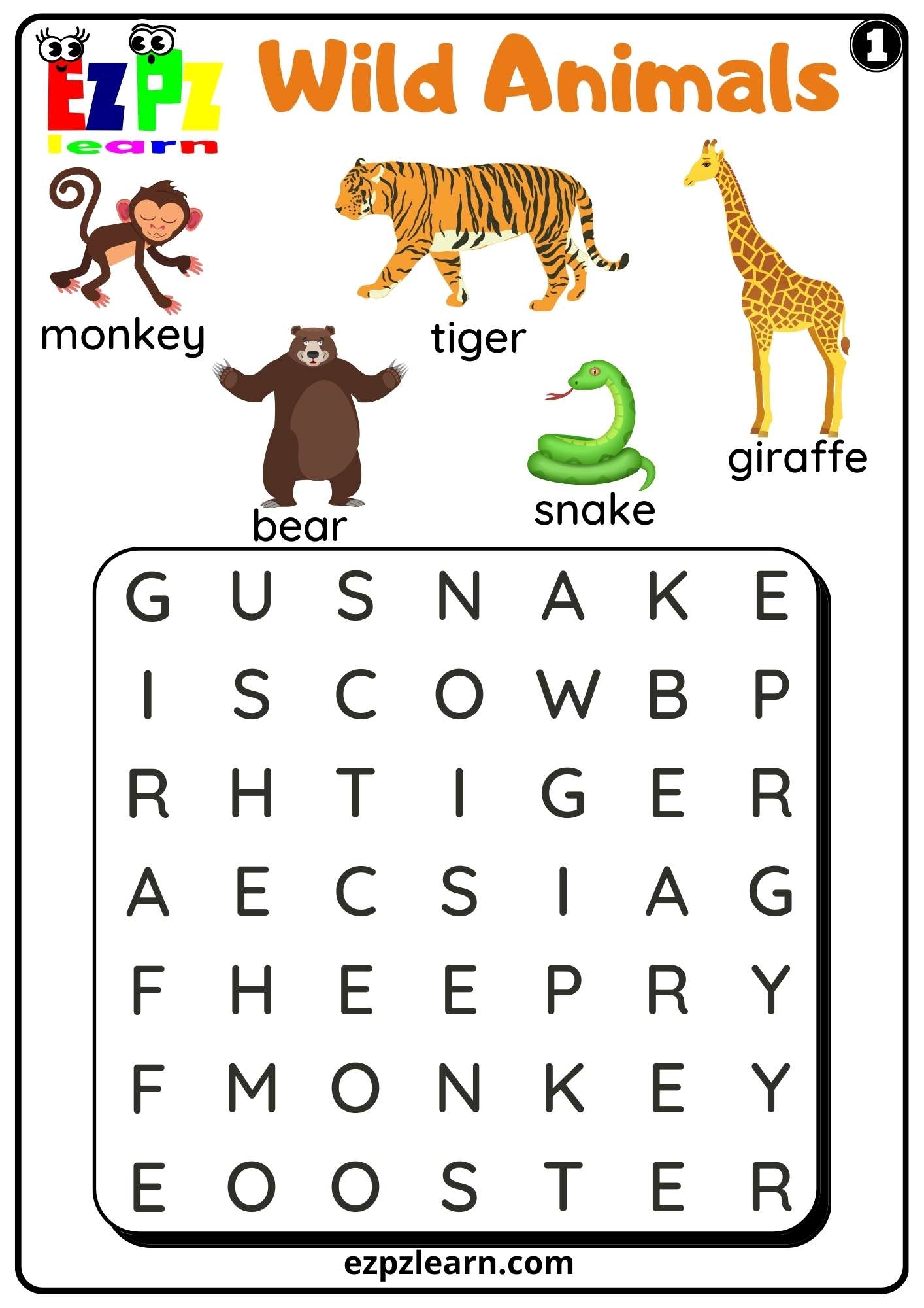 Wild Animals Word Search Set 1 For Kids And ESL PDF Download Ezpzlearn