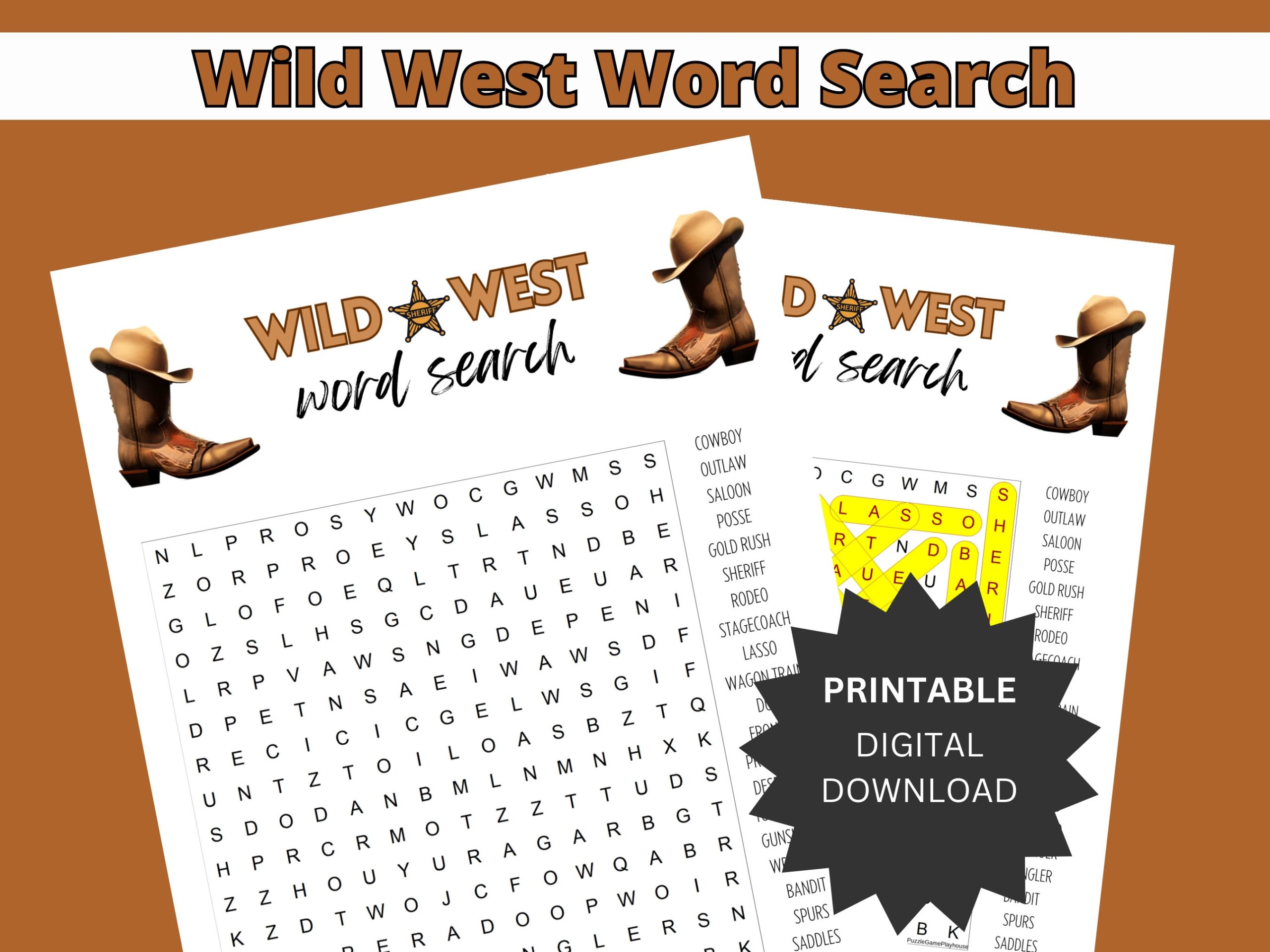 Wild West Word Search Puzzle Challenging Cowboy Old West Themed 