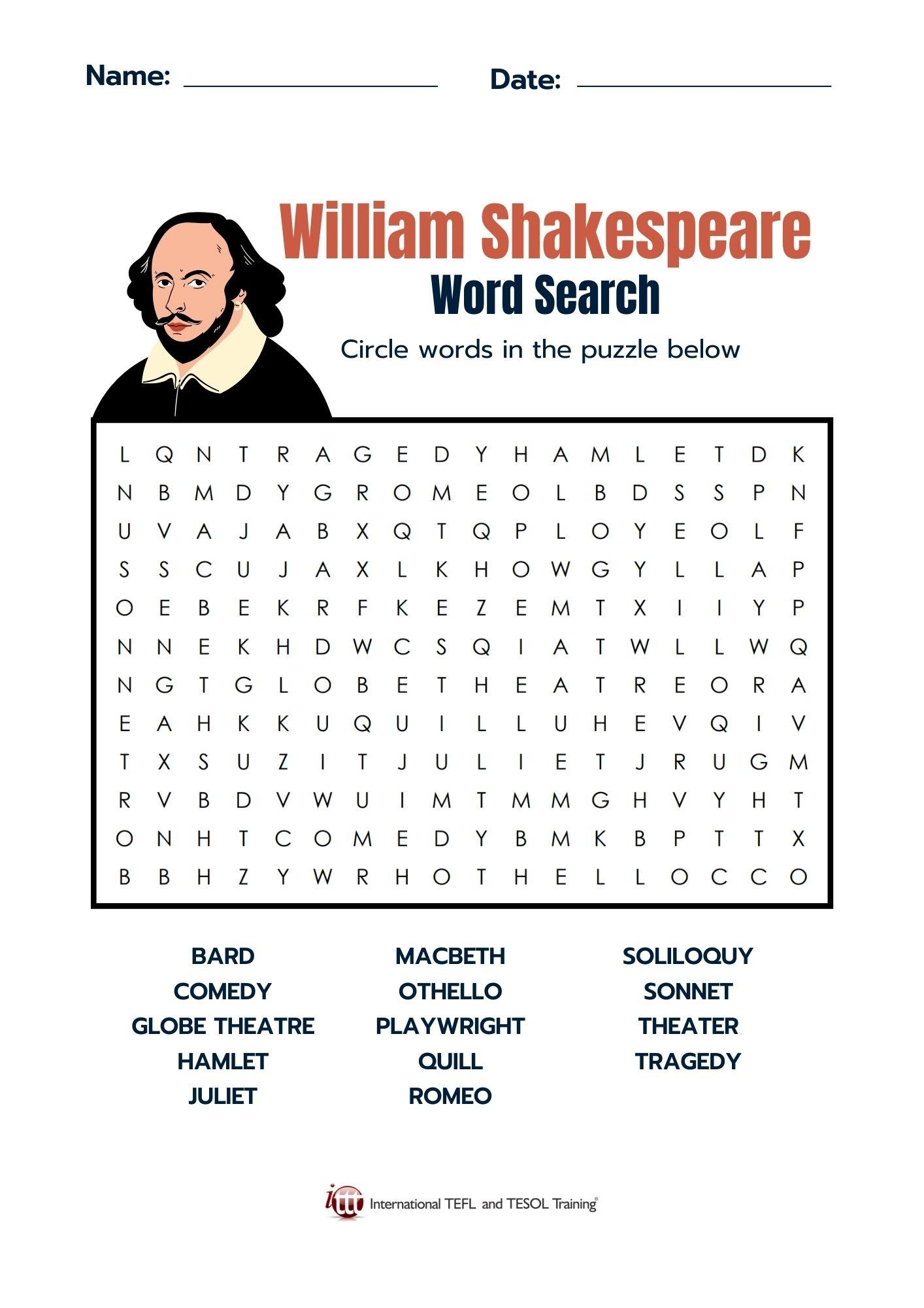 William Shakespeare Vocabulary EFL Word Search ITTT