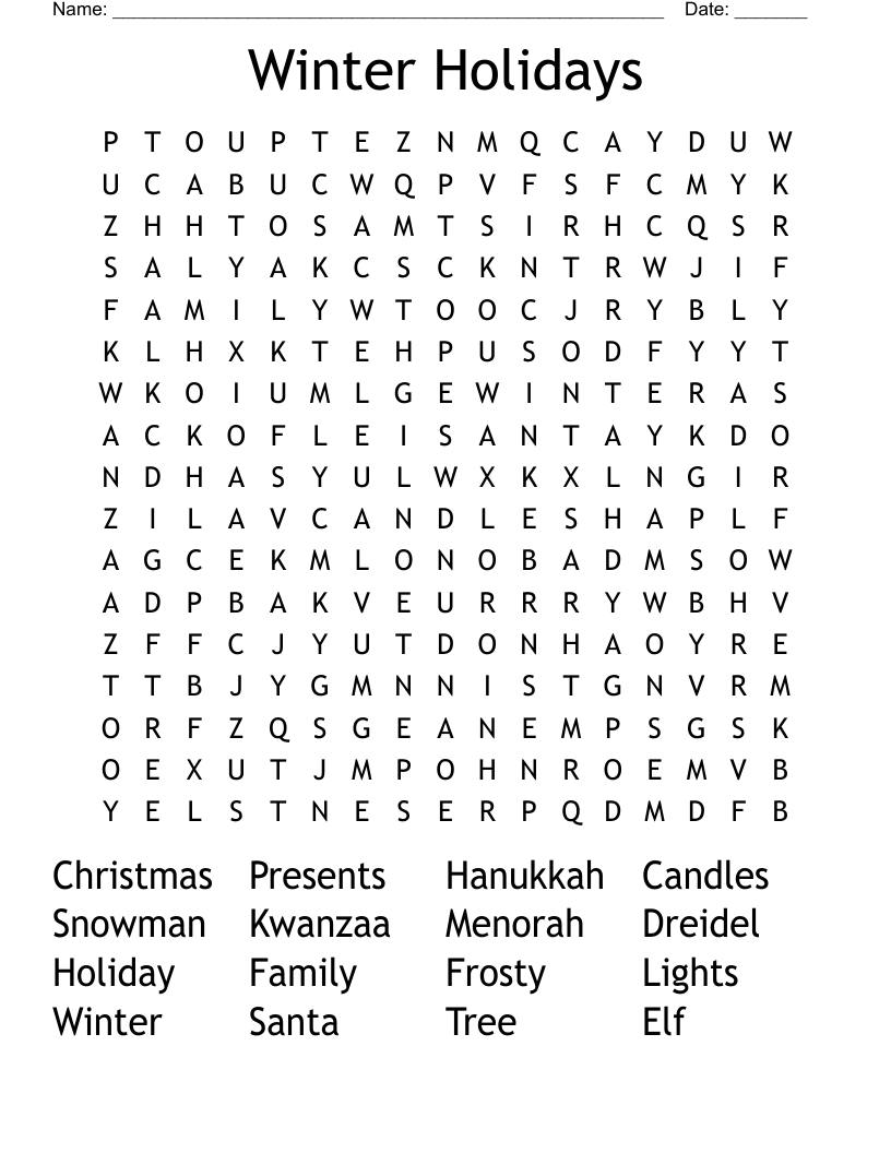 Winter Holiday Word Search Printable Free