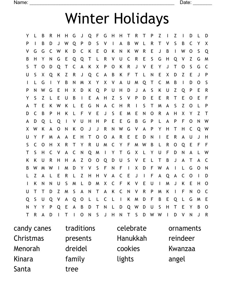 Winter Holidays Word Search WordMint