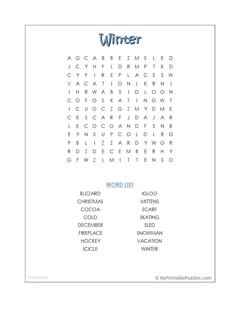 Winter Word Search Intermediate My Printable Puzzles