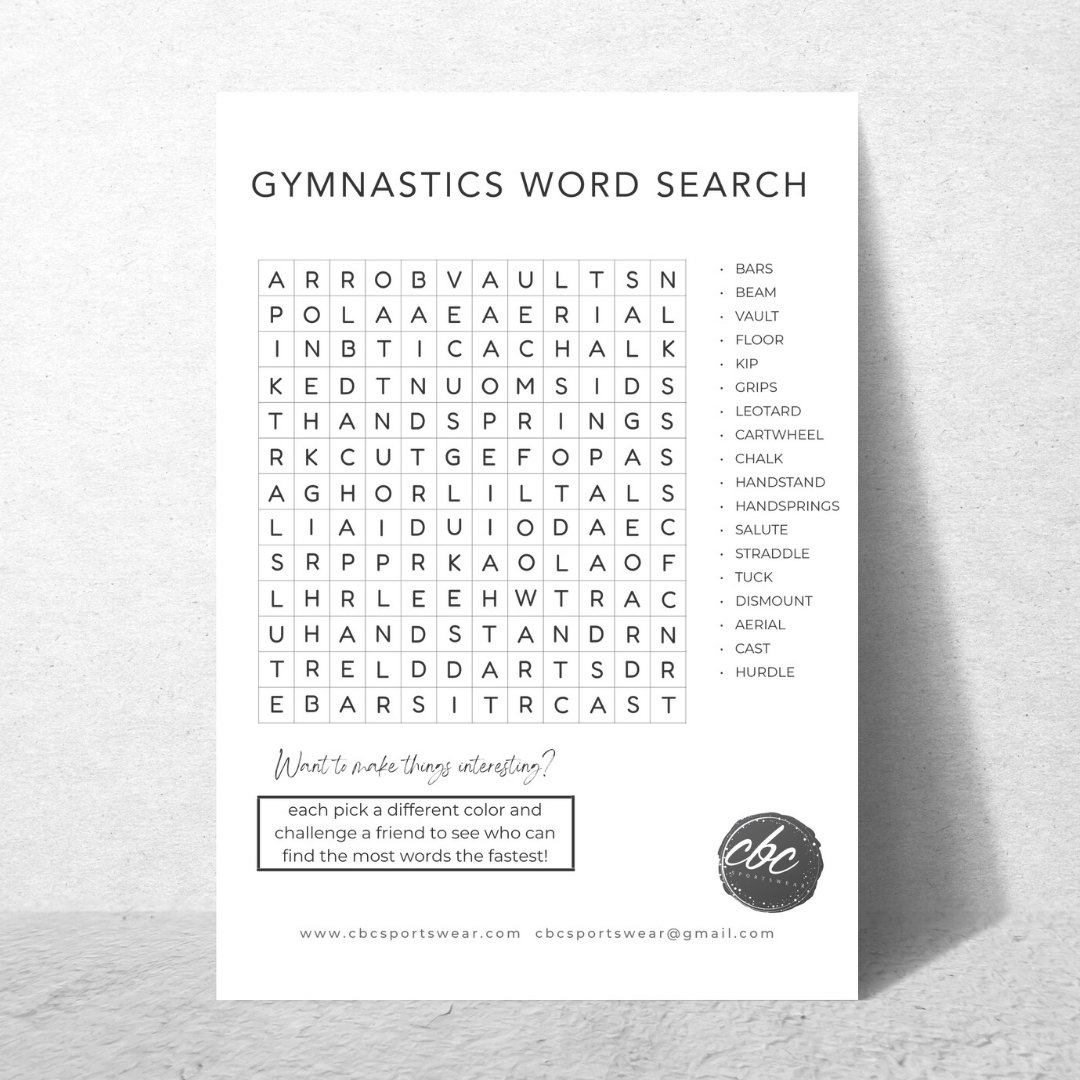 Word Search For Gymnast Activity Pages Gymnastics Party Game 