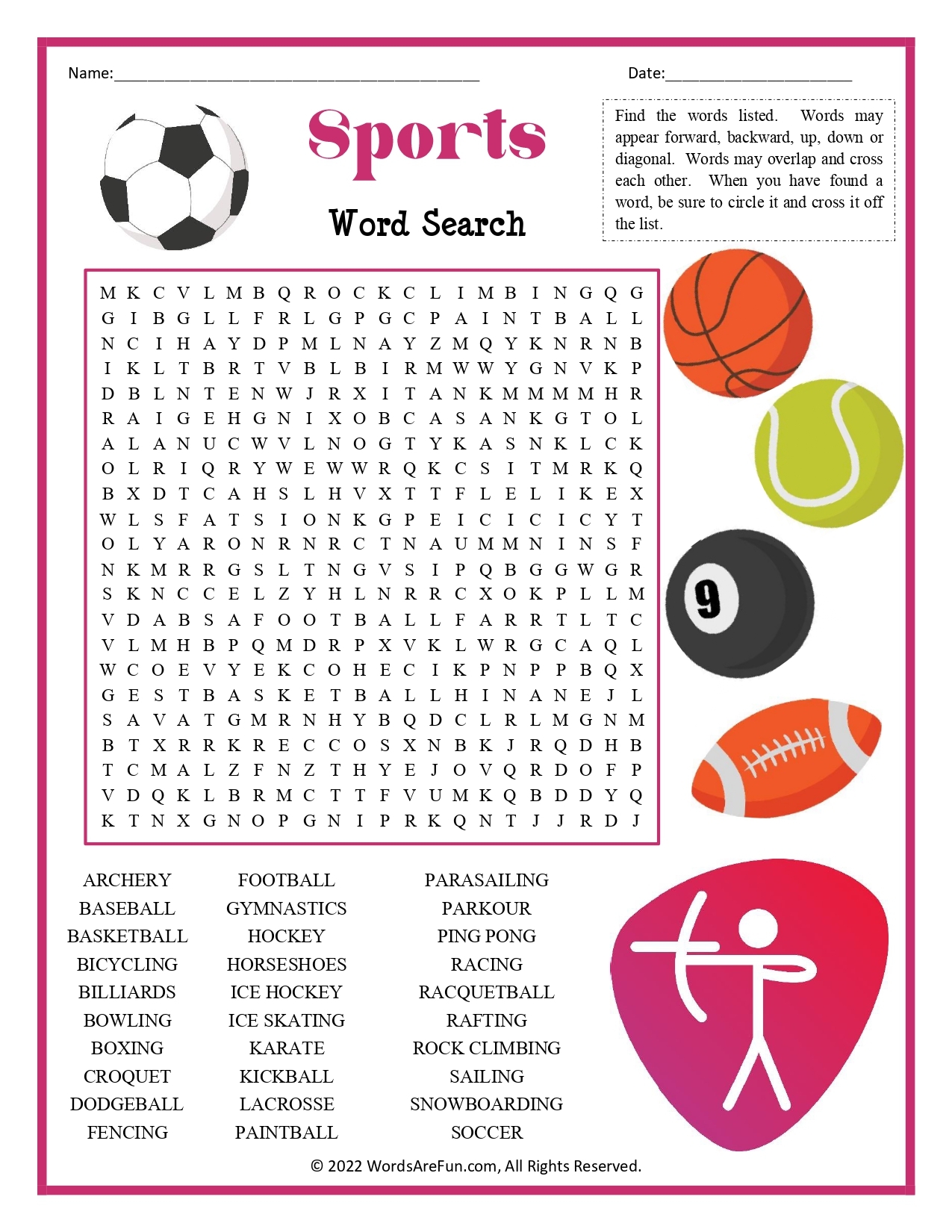 Free Printable Sports Word Search Puzzles