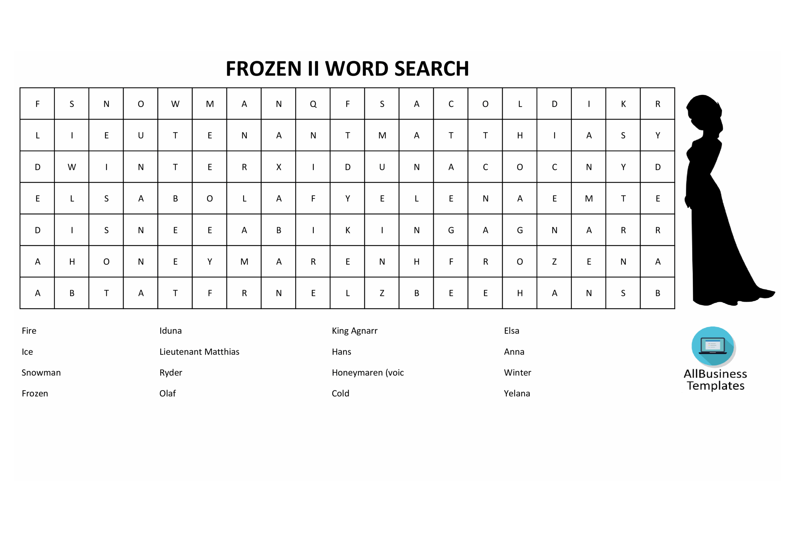 Word Search Frozen 2 With Answers Templates At Allbusinesstemplates