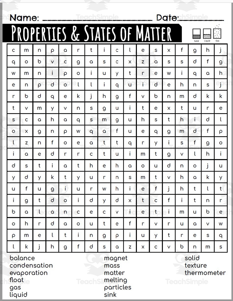 Word Search Properties And States Of Matter