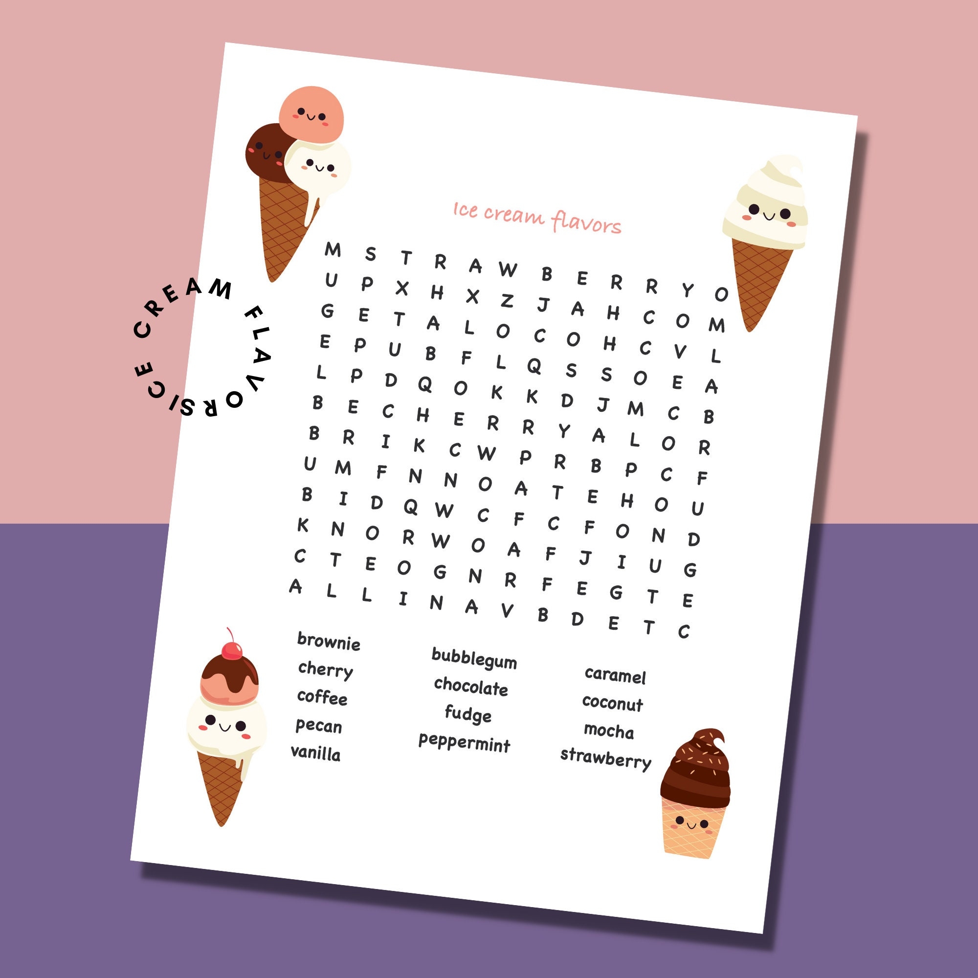 Word Search Puzzle Ice Cream Flavors Printable Party Game Senior Activities Brain Teaser Games Kid s Classroom Activities Challenge Games Etsy