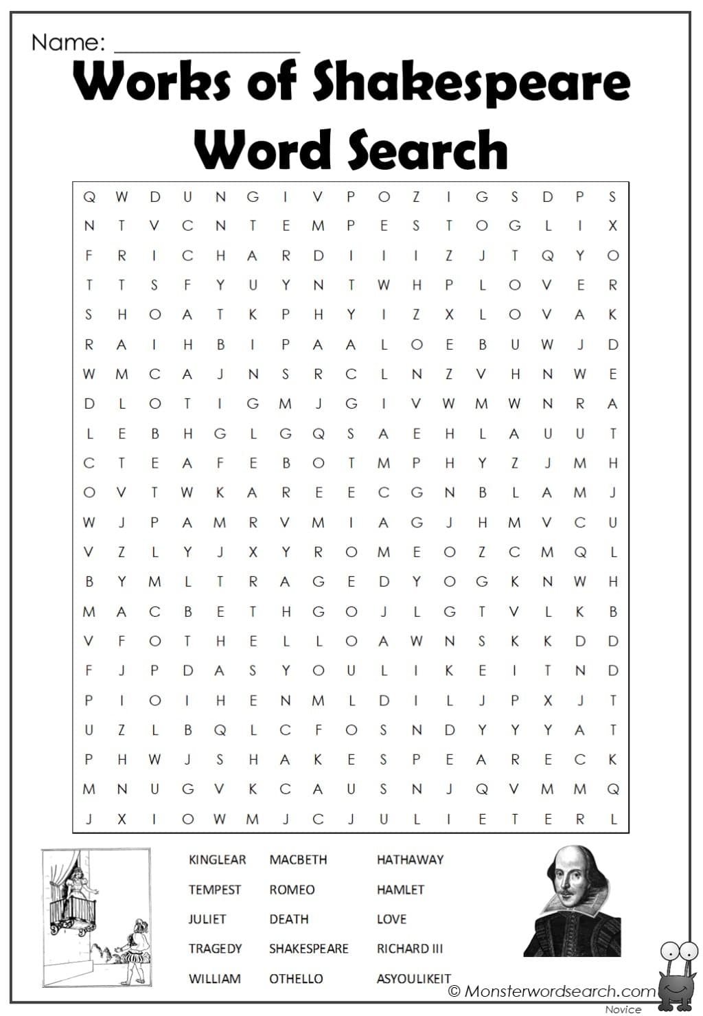 Works Of Shakespeare Word Search Monster Word Search