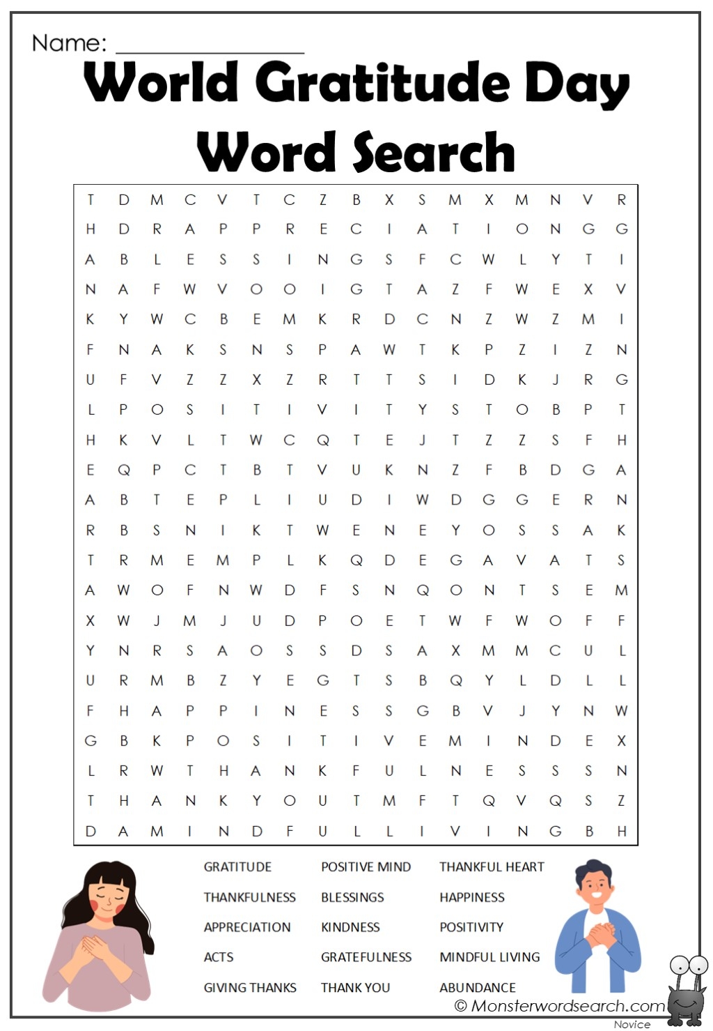 World Gratitude Day Word Search Monster Word Search