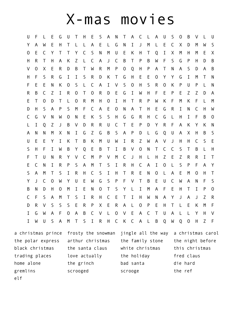 X mas Movies Word Search WordMint