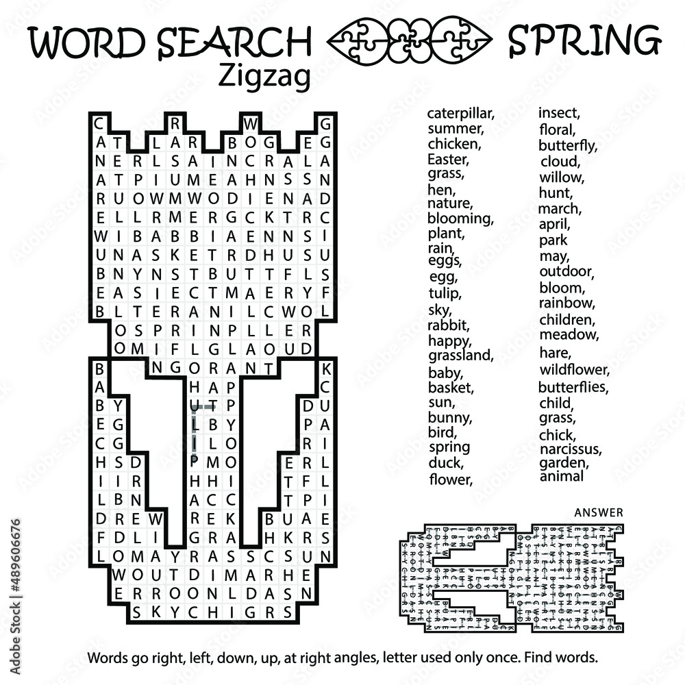 Zigzag Word Search Puzzle With Tulip Spring Words Go Right Left Down Up At Right Angles 