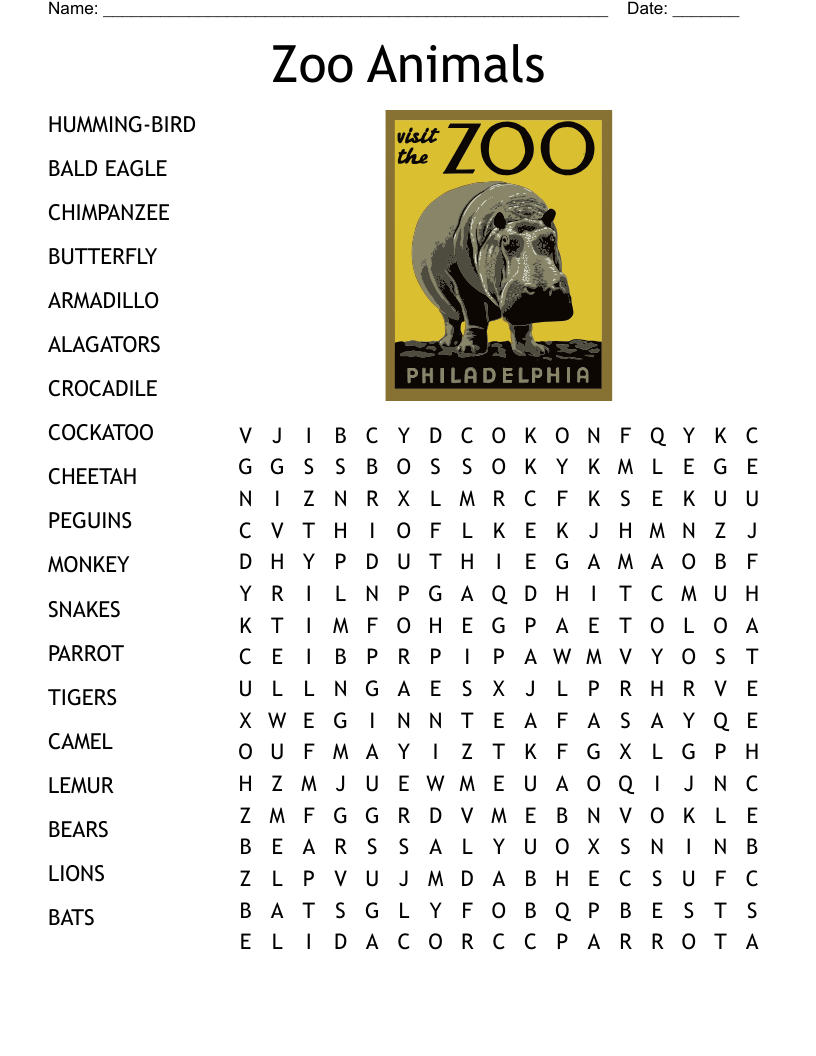 Zoo Animal Word Search Printable