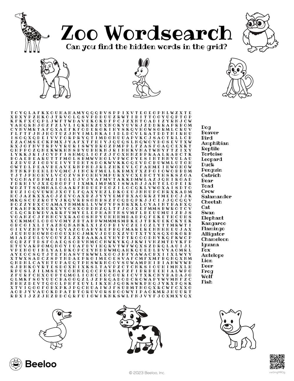 Zoo Word Search Printable